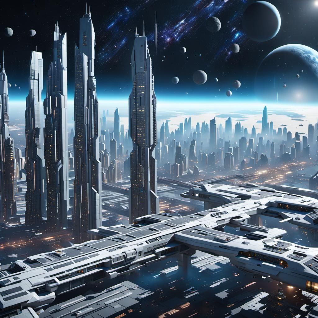 Futuristic City in 2255 with Spaceship View
