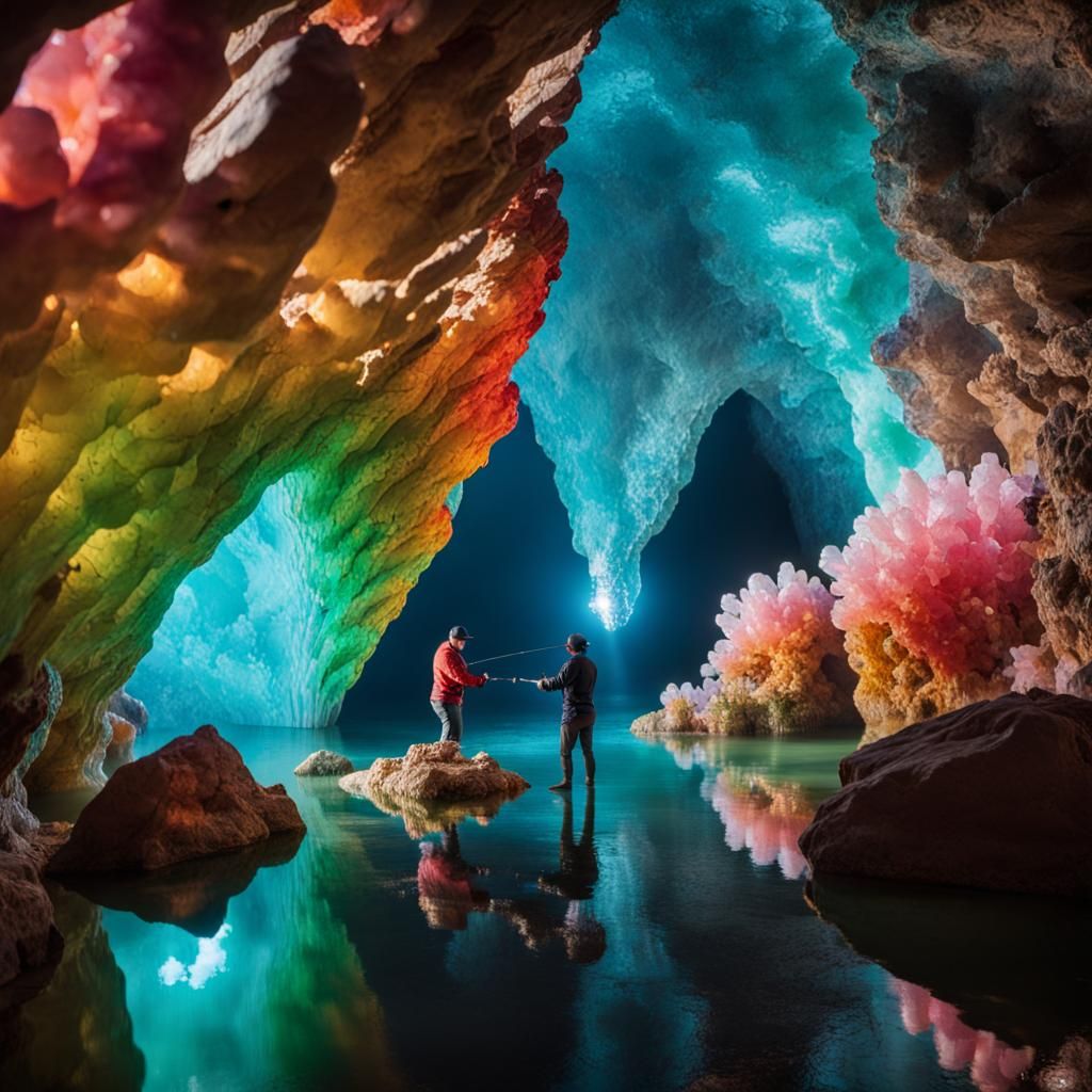 Colorful Crystal Cave with Giant Crystals and Fisherman