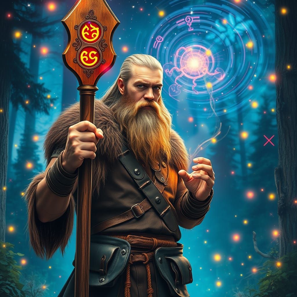 Viking Druid in Enchanted Forest: Holographic Illustration