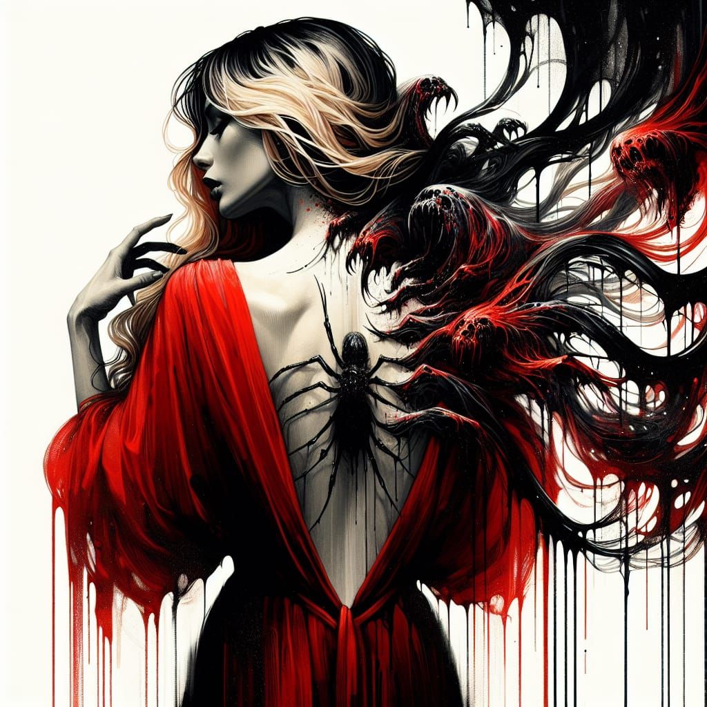 Melancholic Woman with Emerging Monsters in Dark Surrealism