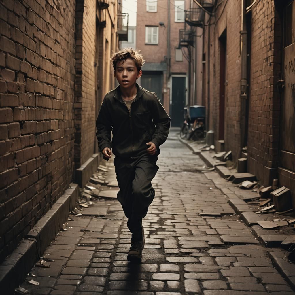 Desperate Boy Runs Through Deserted Alley at Dusk