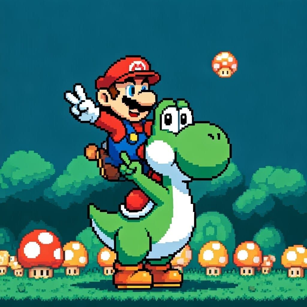 Pixelated Mario and Yoshi in 8-bit Art