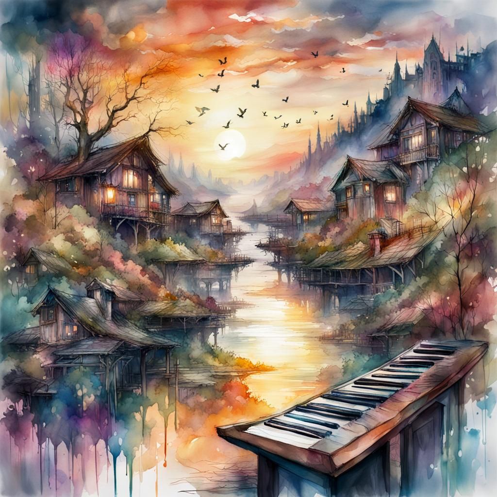 Fantasyscape Sunset: Digital Watercolor Illustration