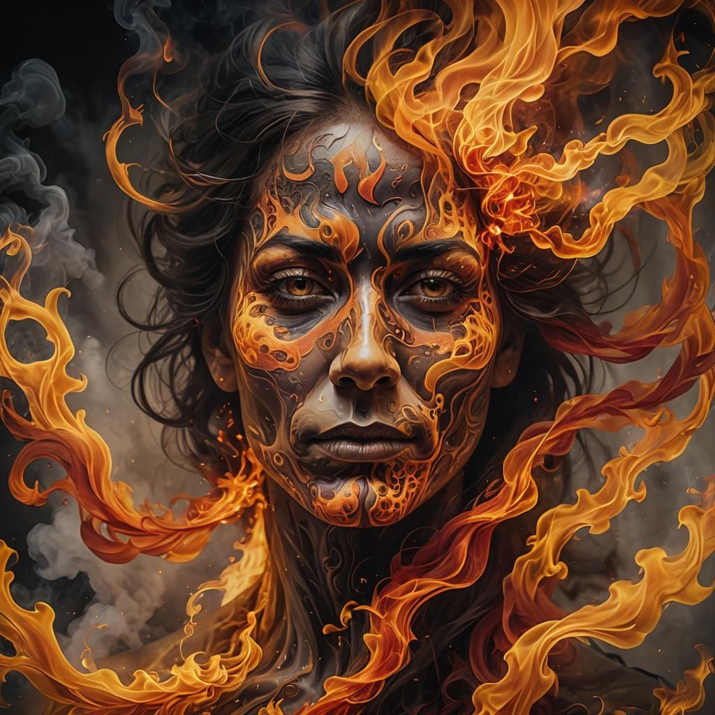Fiery Face Portrait of Swirling Flames and Smoke