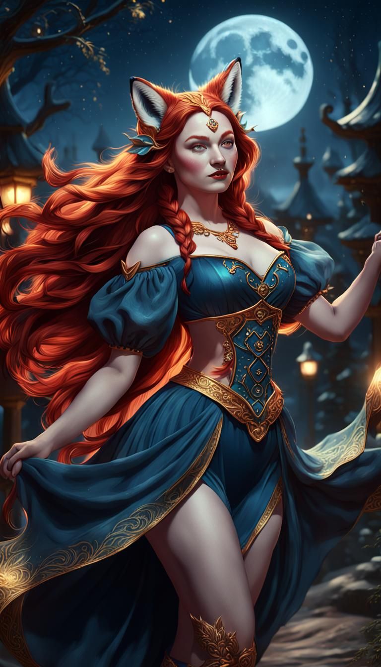Dancing Fox-Eared Woman in Moonlight, Fantasy Art