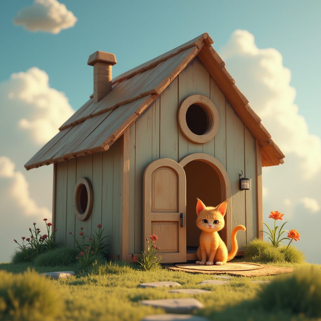 Tiny Ginger Cat Home on a Colossal Cloud