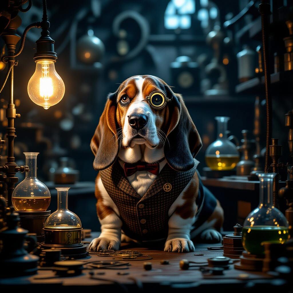 Steampunk Basset Hound in Mysterious Inventor's Workshop