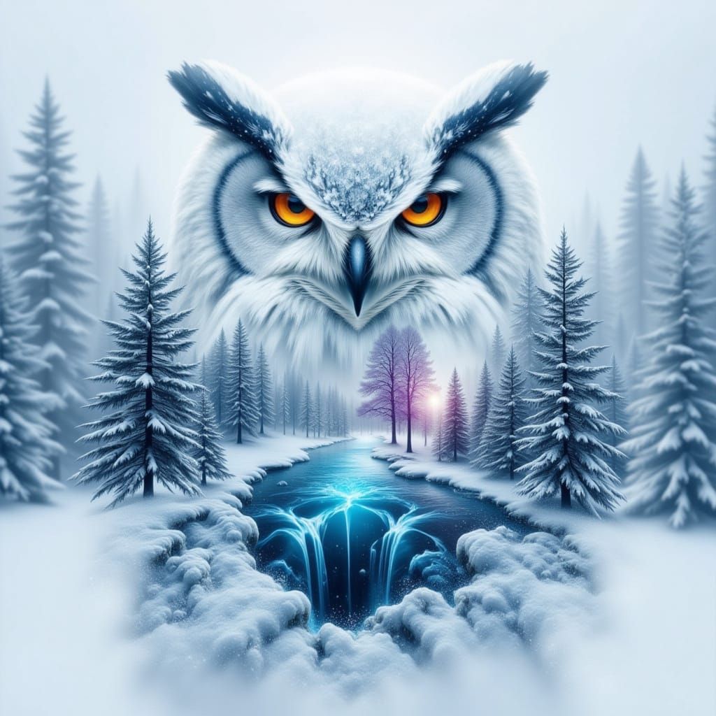 Snow Owl Double Exposure with Icy Waterfall and Purple Fores...