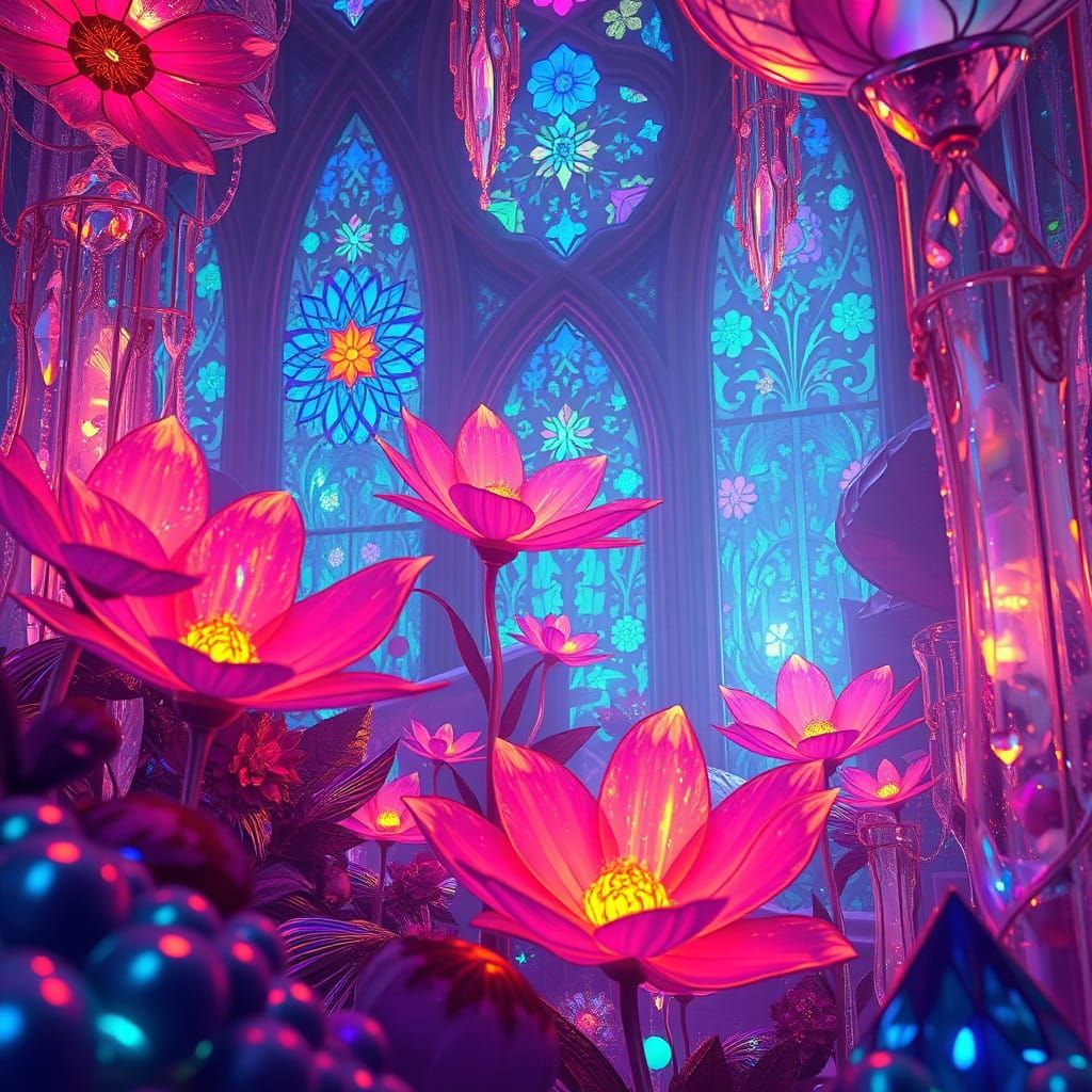 Ethereal Flowers in a Luminous Stained Glass Realm