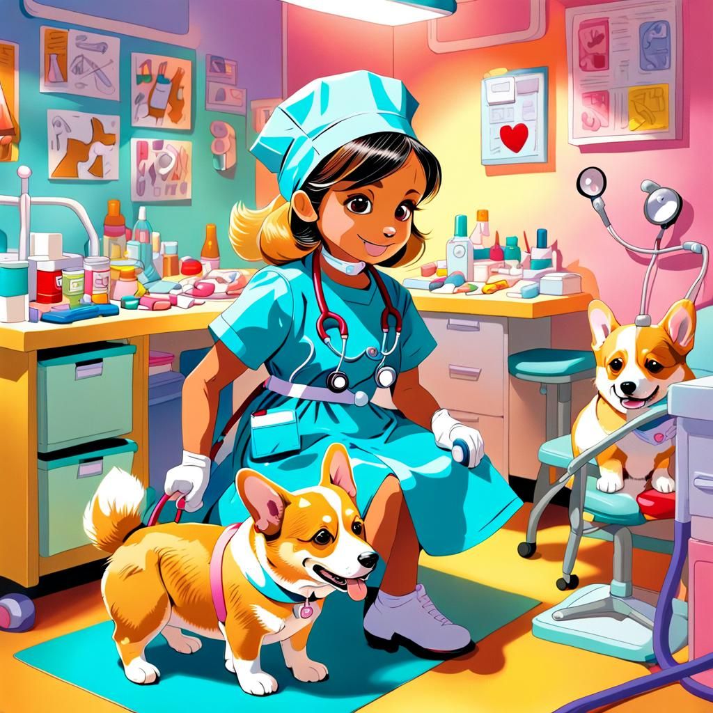 Playful Corgi Doctor: Comic Art in Chibi Style