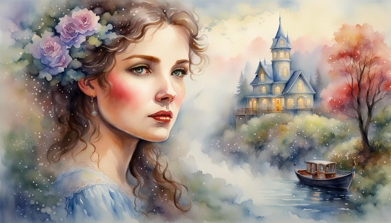 Ethereal Watercolor Portrait in Fantasy Setting