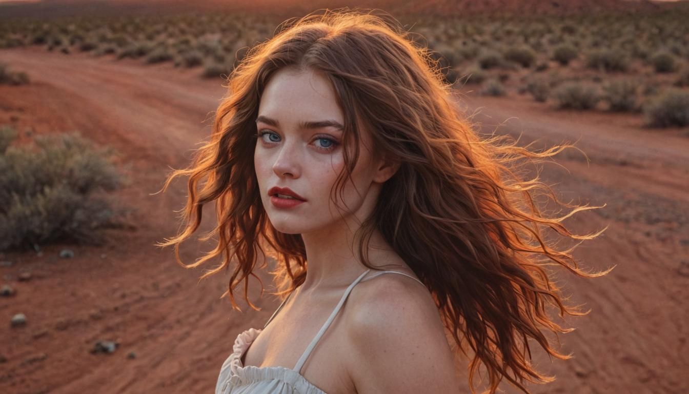 Hyperrealistic Girl in Outback Sunset Concept Art