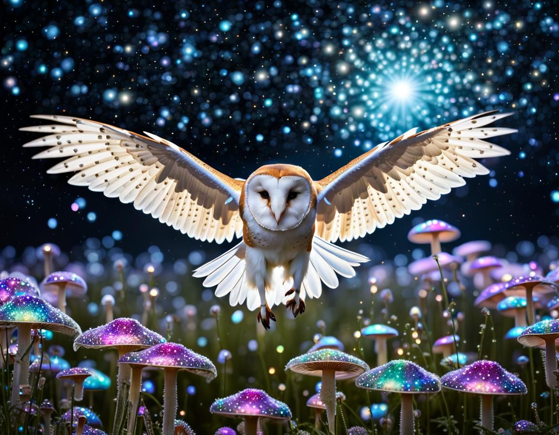 Iridescent Barn Owl in Bioluminescent Flower Field