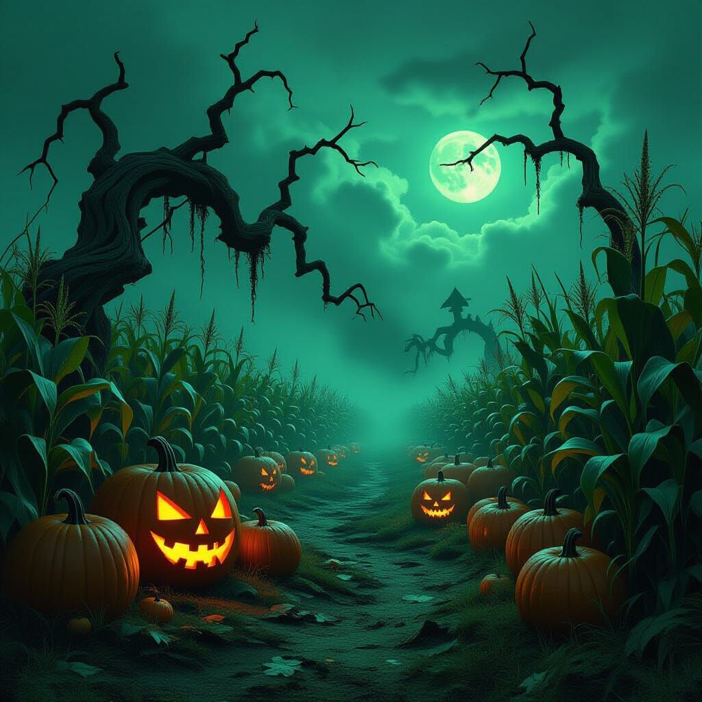 Eerie Halloween Harvest Scene in Digital Matte Painting Styl...