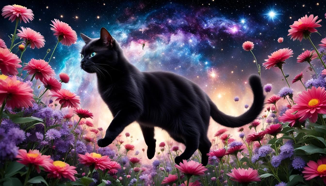 Adorable Black Cat Jumps Through Starry Space