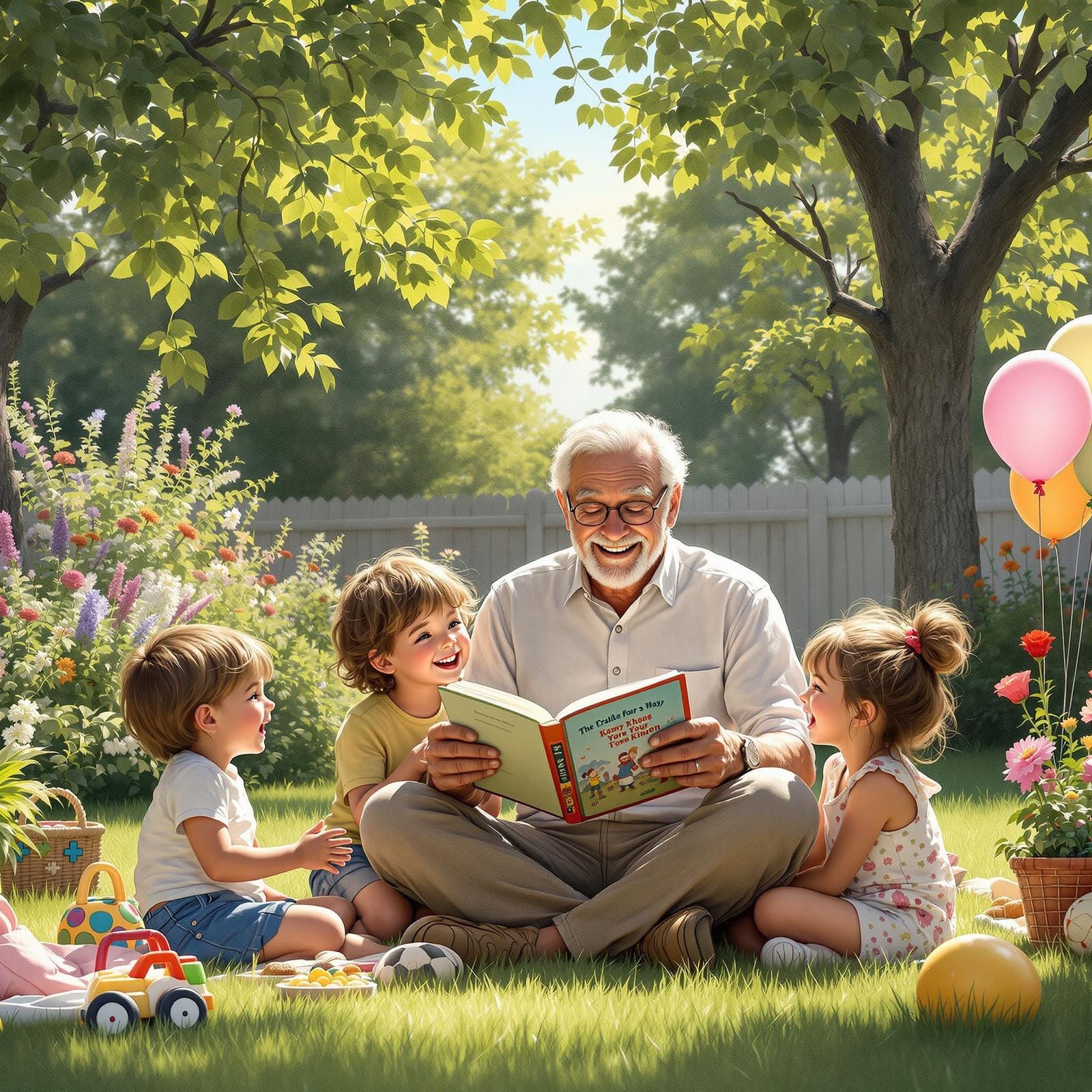 Grandfather and Grandkids Reading in Sunlit Backyard