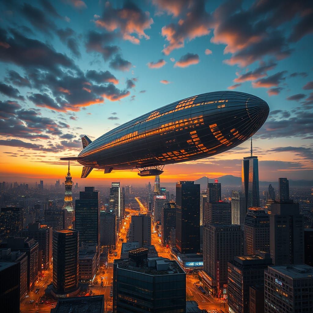 Colossal Zeppelin Over Neon Tokyo At Dusk
