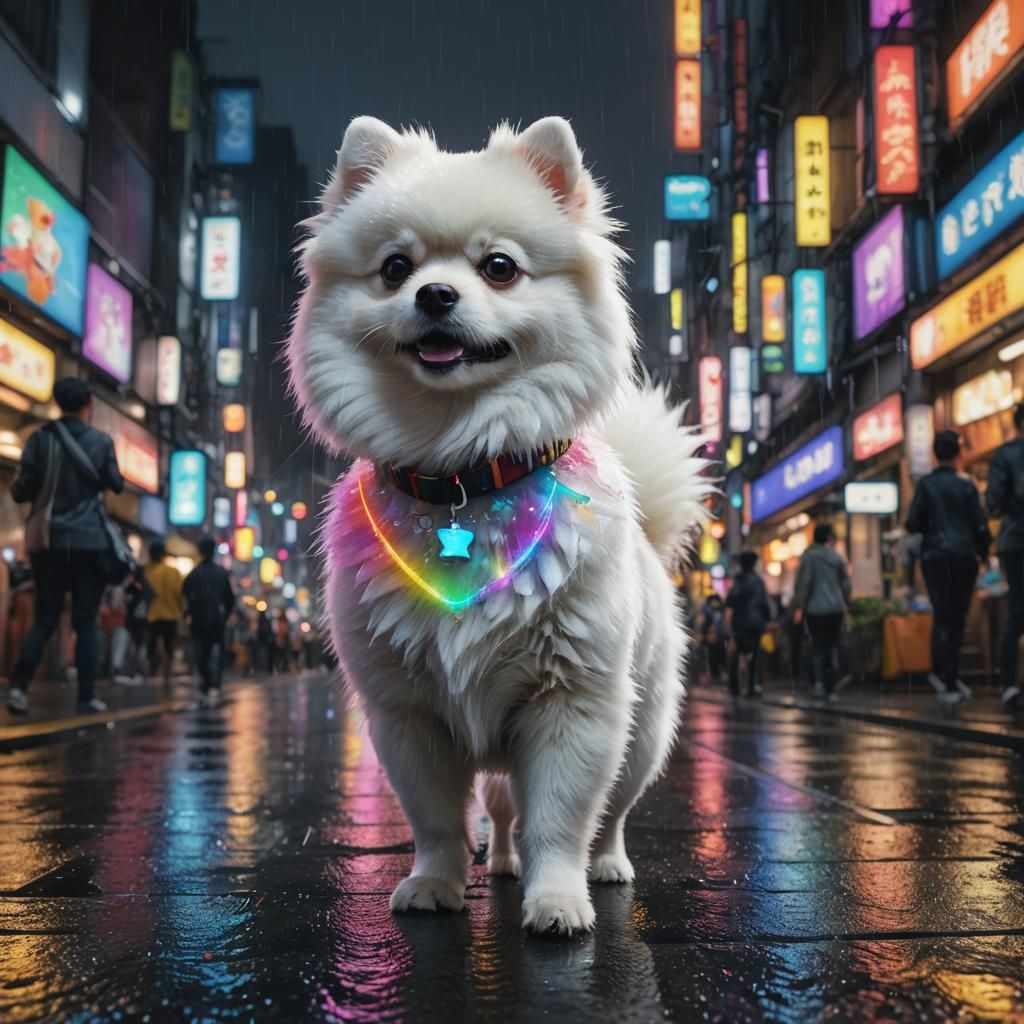 Pomeranian in Neon Collar, Rainy Tokyo Night