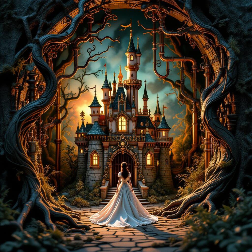 Surreal Miniature Diorama With Lady, Castle, and Trees