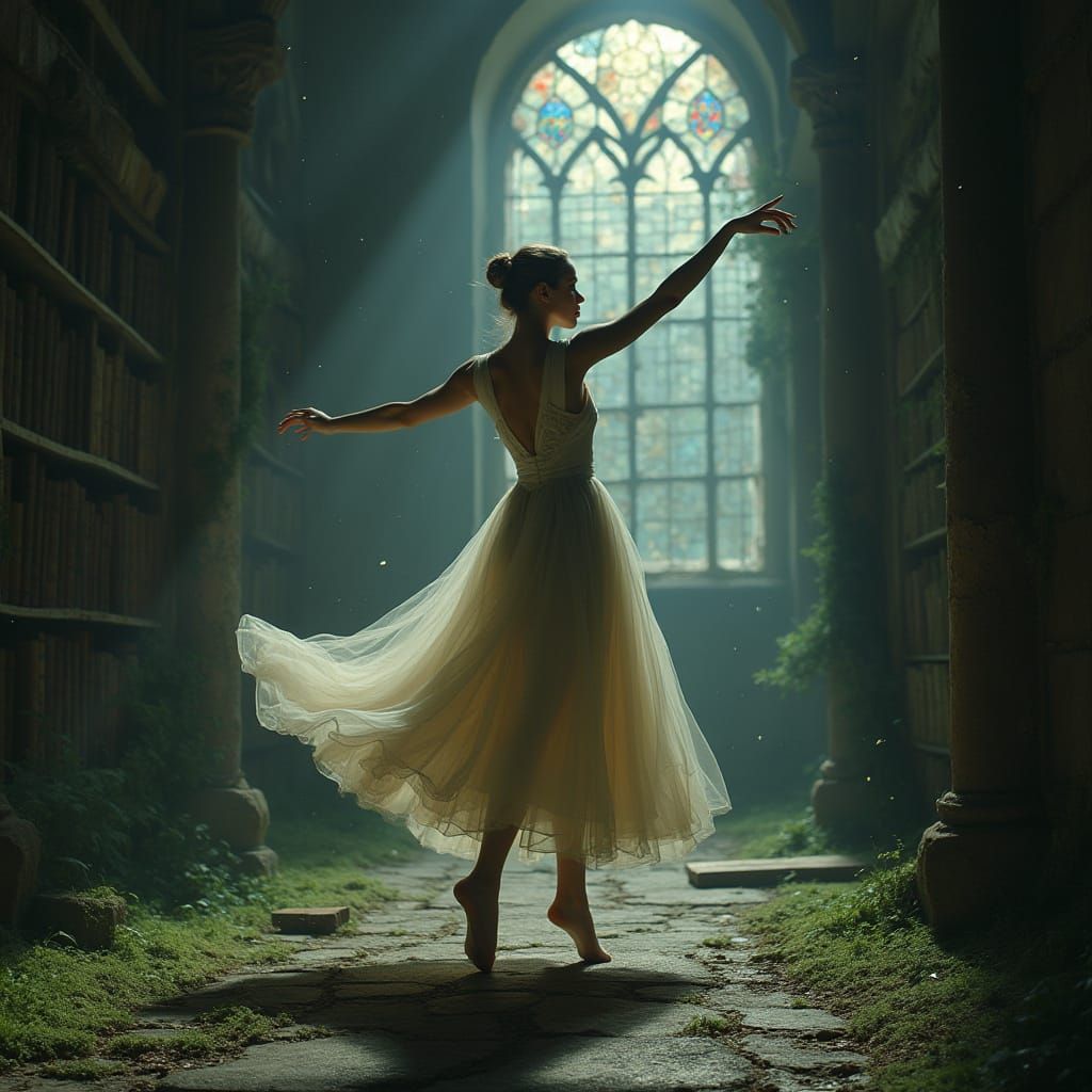 Ethereal Dancer in Moonlit Library Ruins, Gothic Surrealism