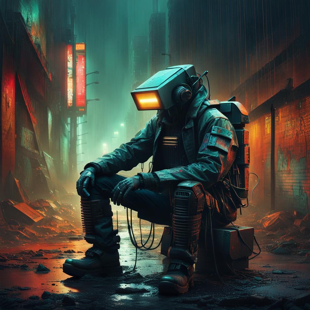 Post-Apocalyptic Robot in Cyberpunk Rain, Digital Watercolor
