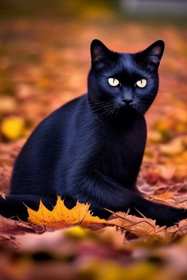 Black Cat in Autumn Leaves Photorealistic Image