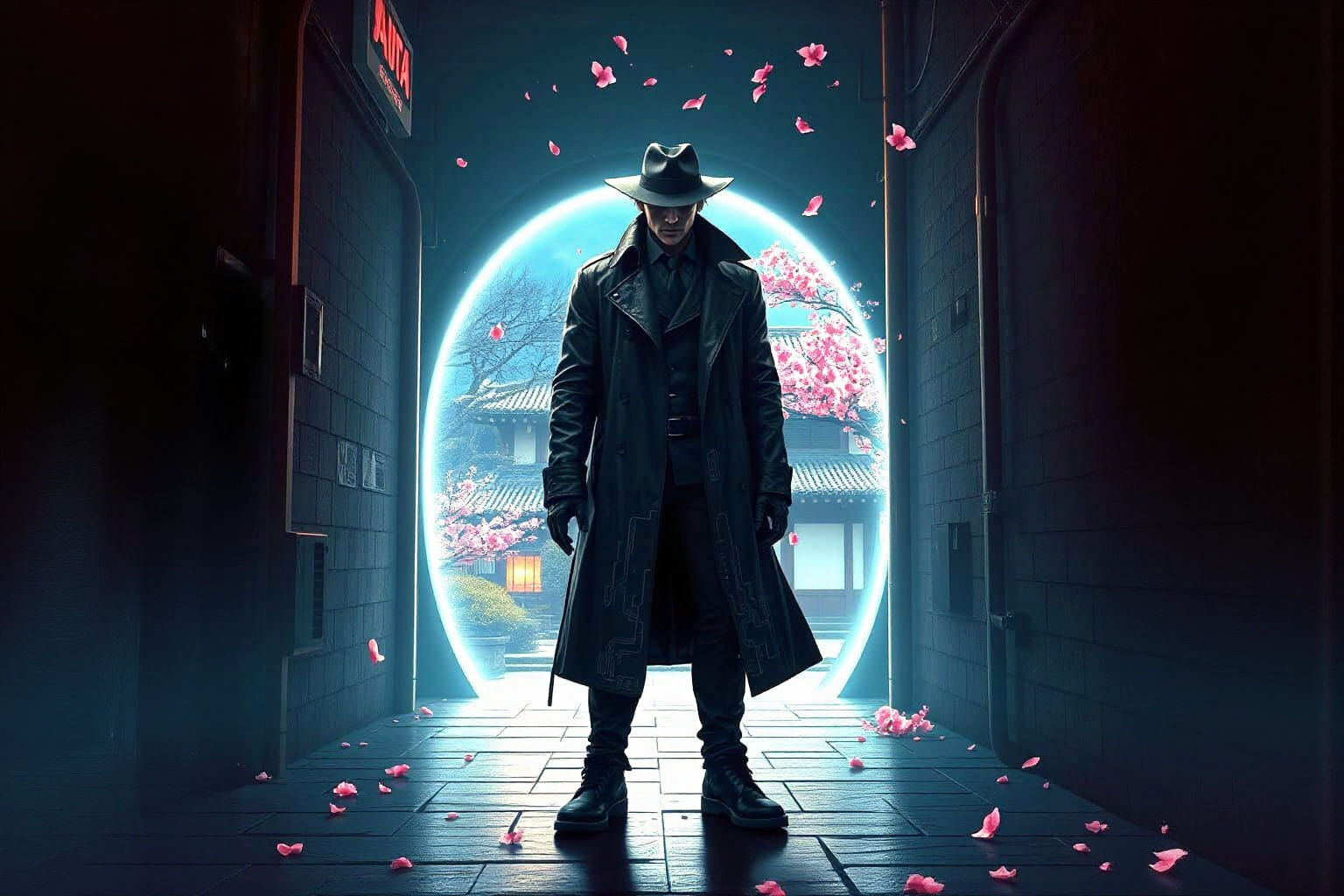 Cyberpunk Detective Emerges From Portal Into Zen Garden