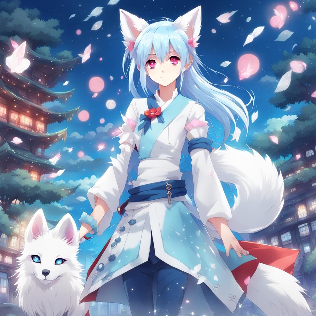 Anime Fox Girl with White Fox Companion