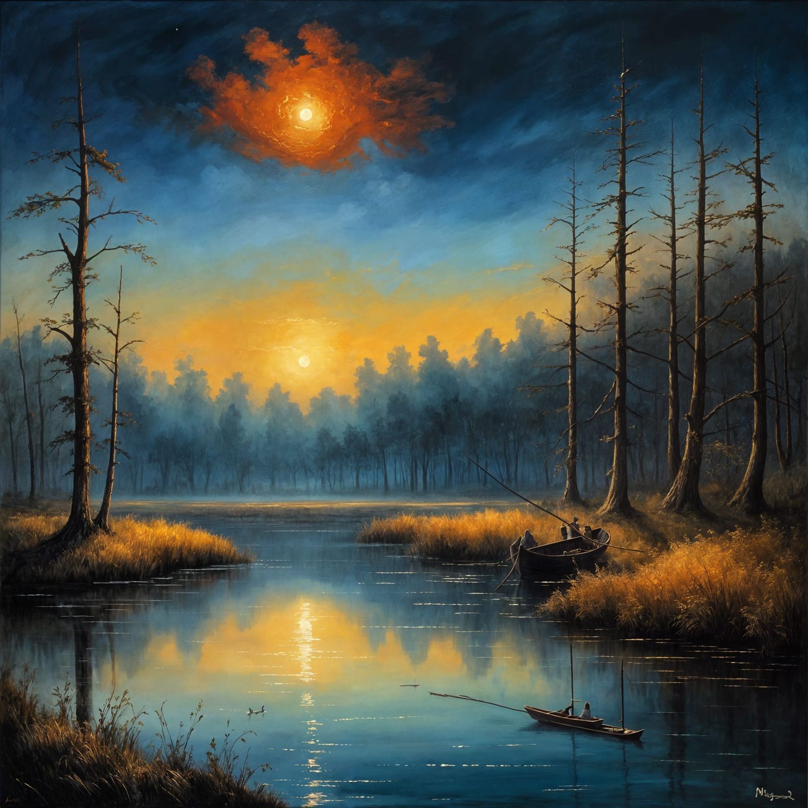Surreal Neoclassical Moonlit Pond Night Scene