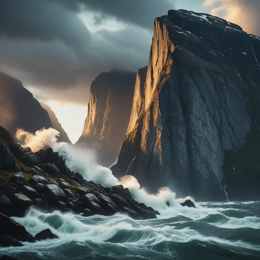 Dramatic Storm Rages in Norwegian Fjord at Sunset