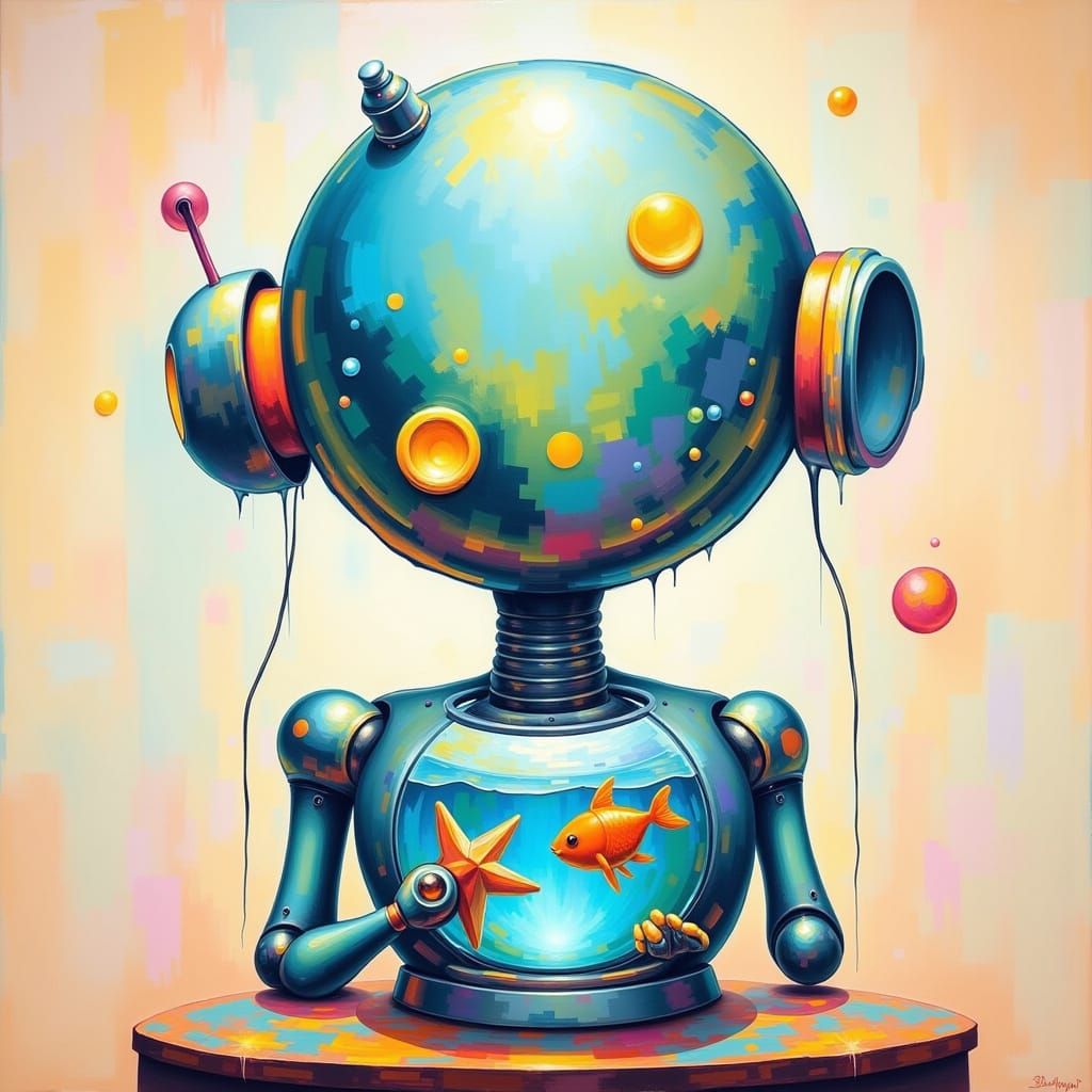 Cute Robot Holding a Fishbowl