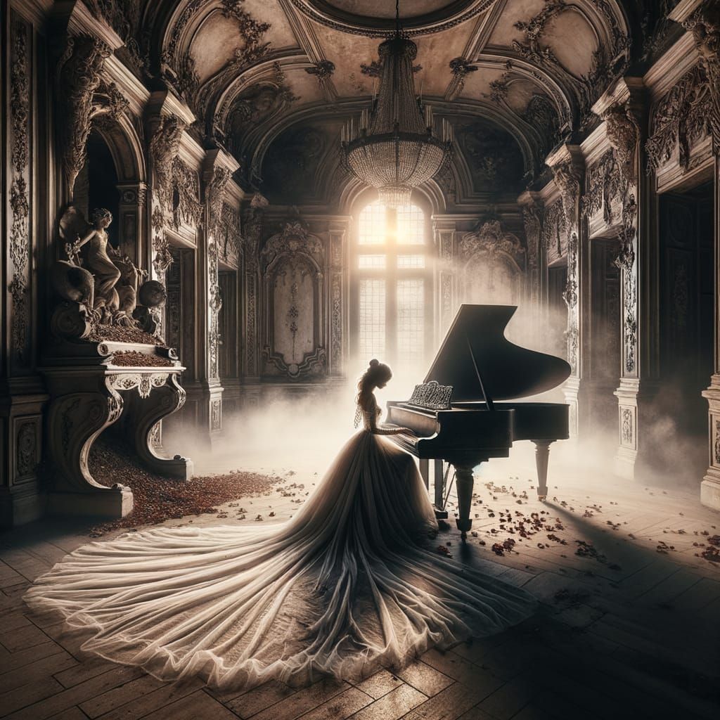 Ghostly Pianist in Abandoned Gothic Ballroom