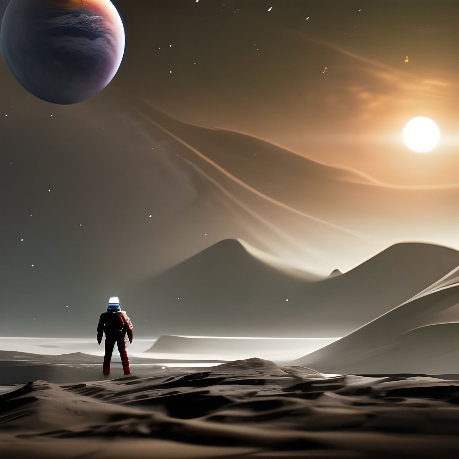 Starman Exploring Barren Alien Landscape in Space