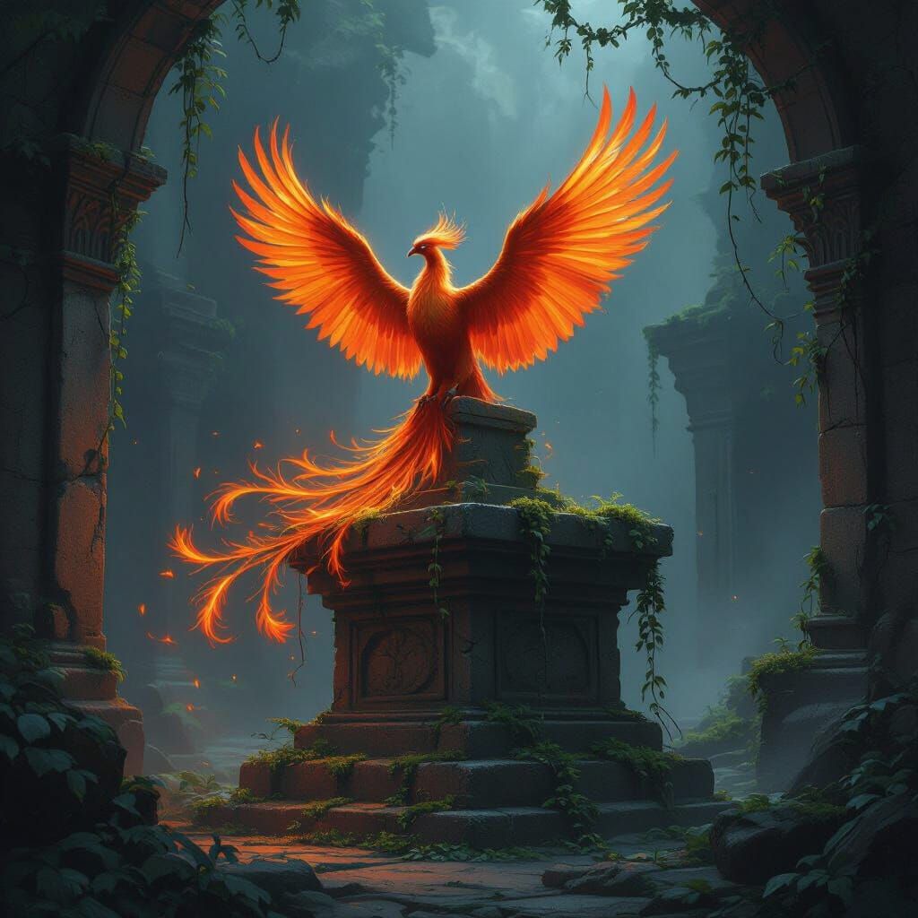 Majestic Phoenix Ablaze Atop Ancient Altar