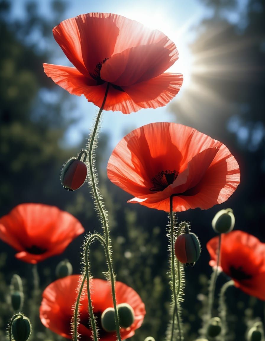 Radiant Red Poppies Illuminated from Within