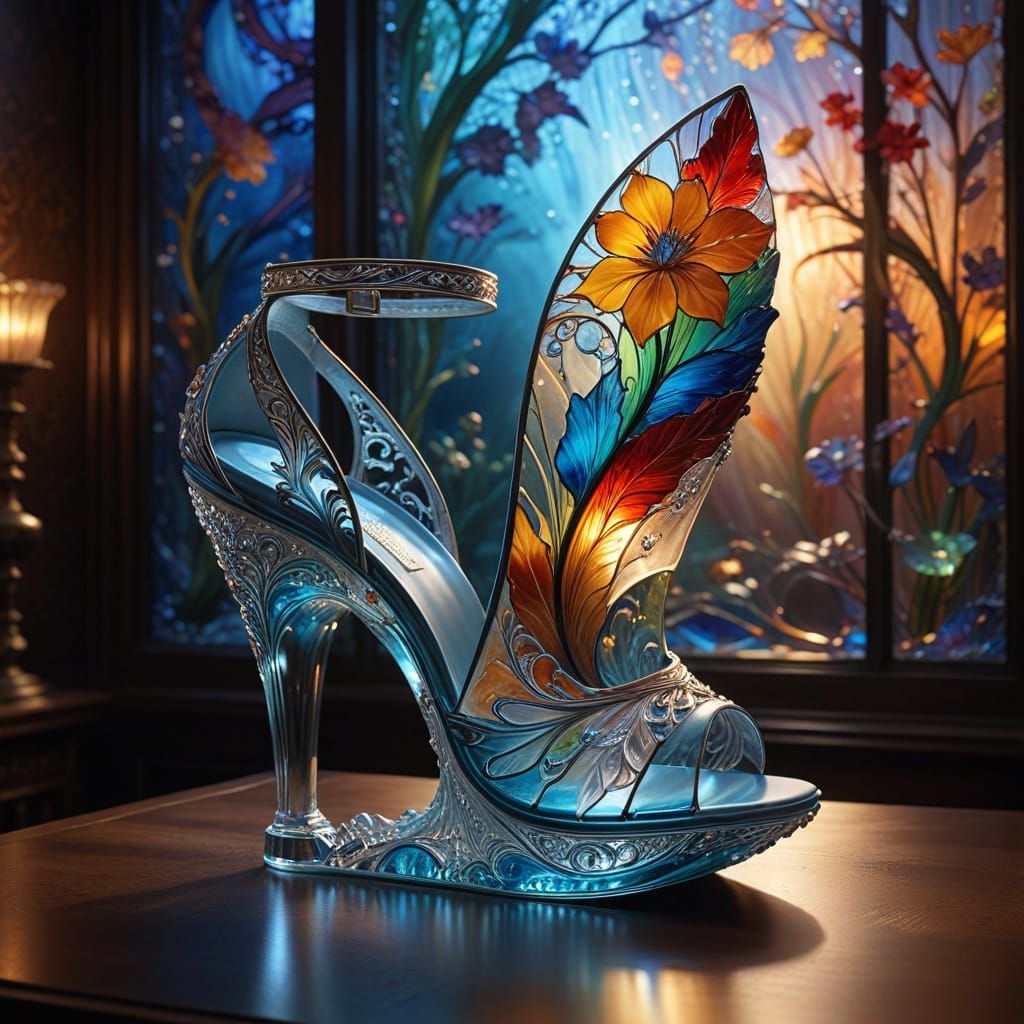 Art Nouveau Stained Glass Cinderella Slipper Triptych