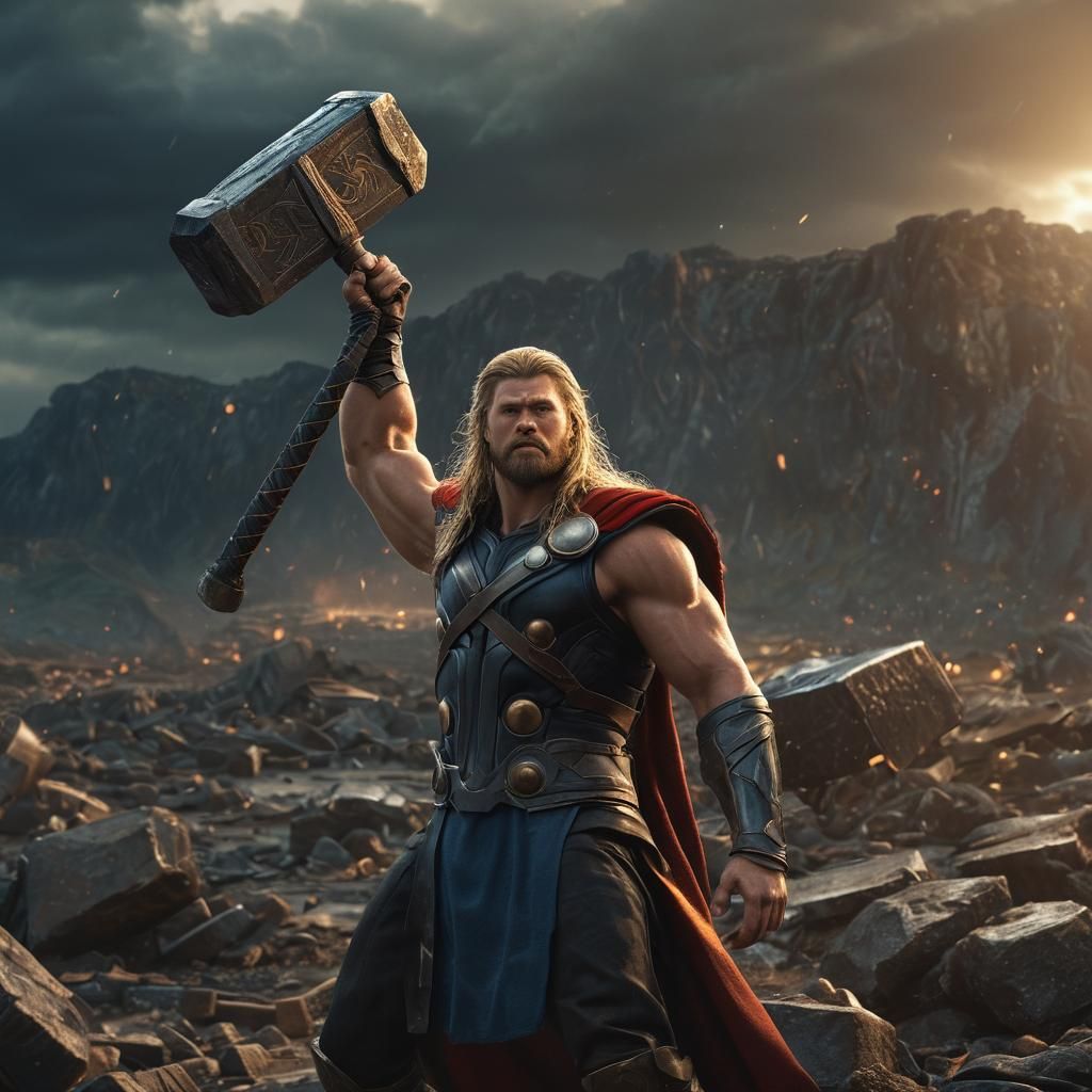 Thor Portrait in War-Torn Asgard, Fantasy Concept Art