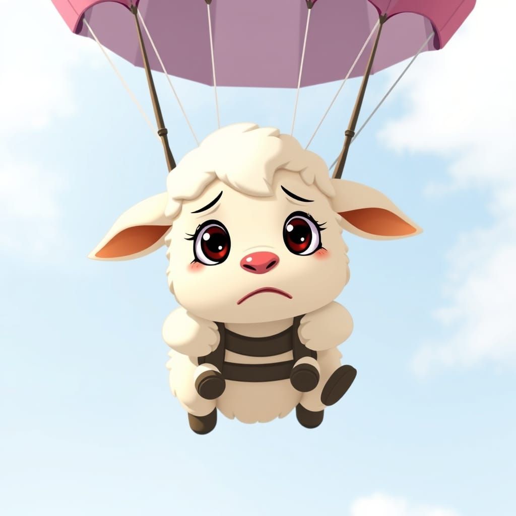 Nervous Lamb Cartoon Parachuting