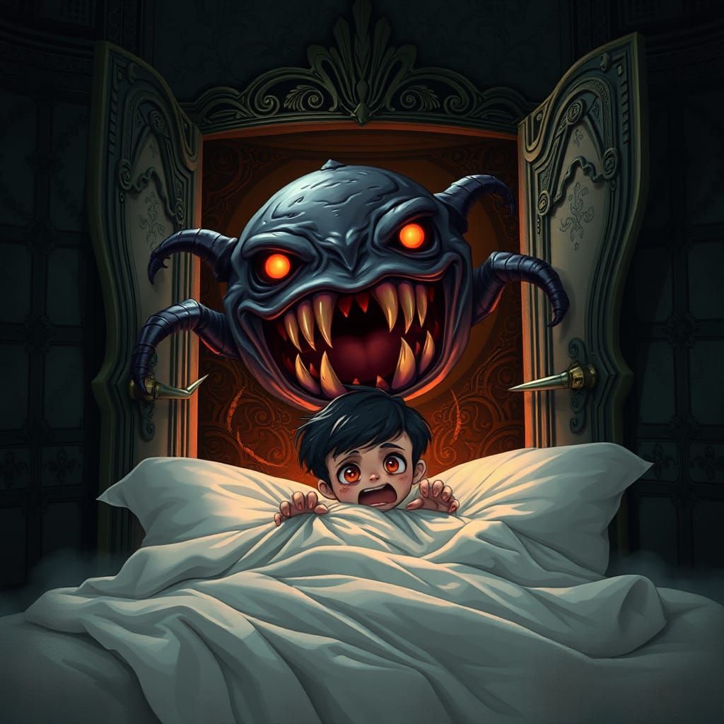 Chibi Monster Emerges in Dystopian Horror Art