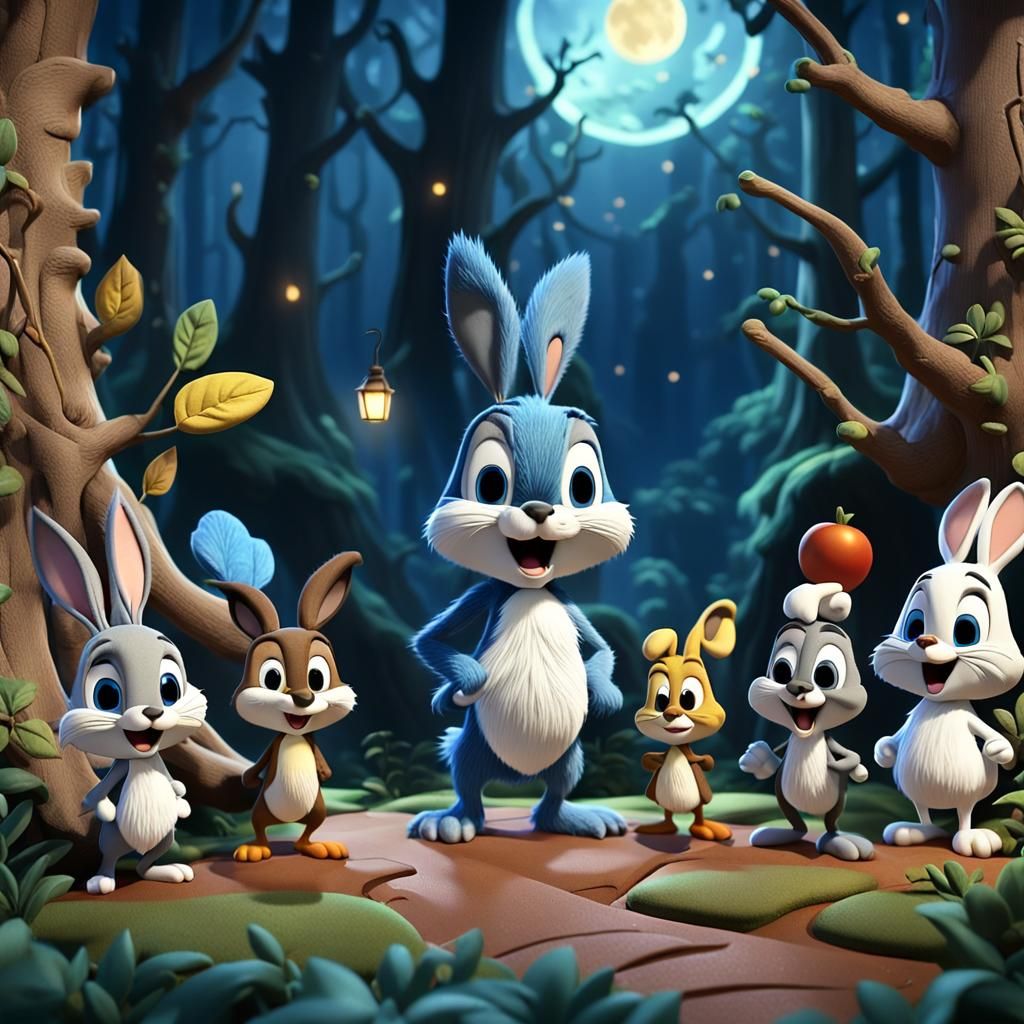 3D chibi Looney Tunes characters embarking on an enchanted forest journey at midnight