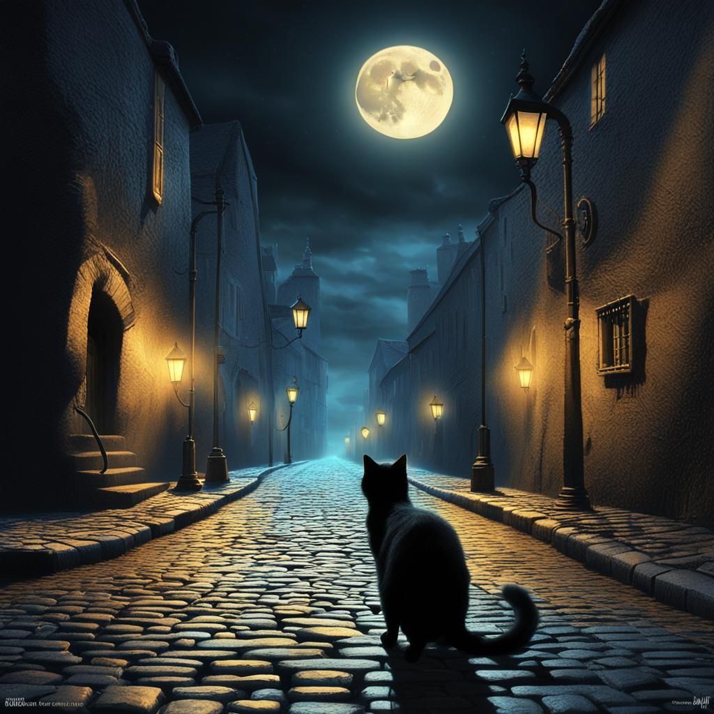 Noir Fantasy Black Cat Under Moonlight