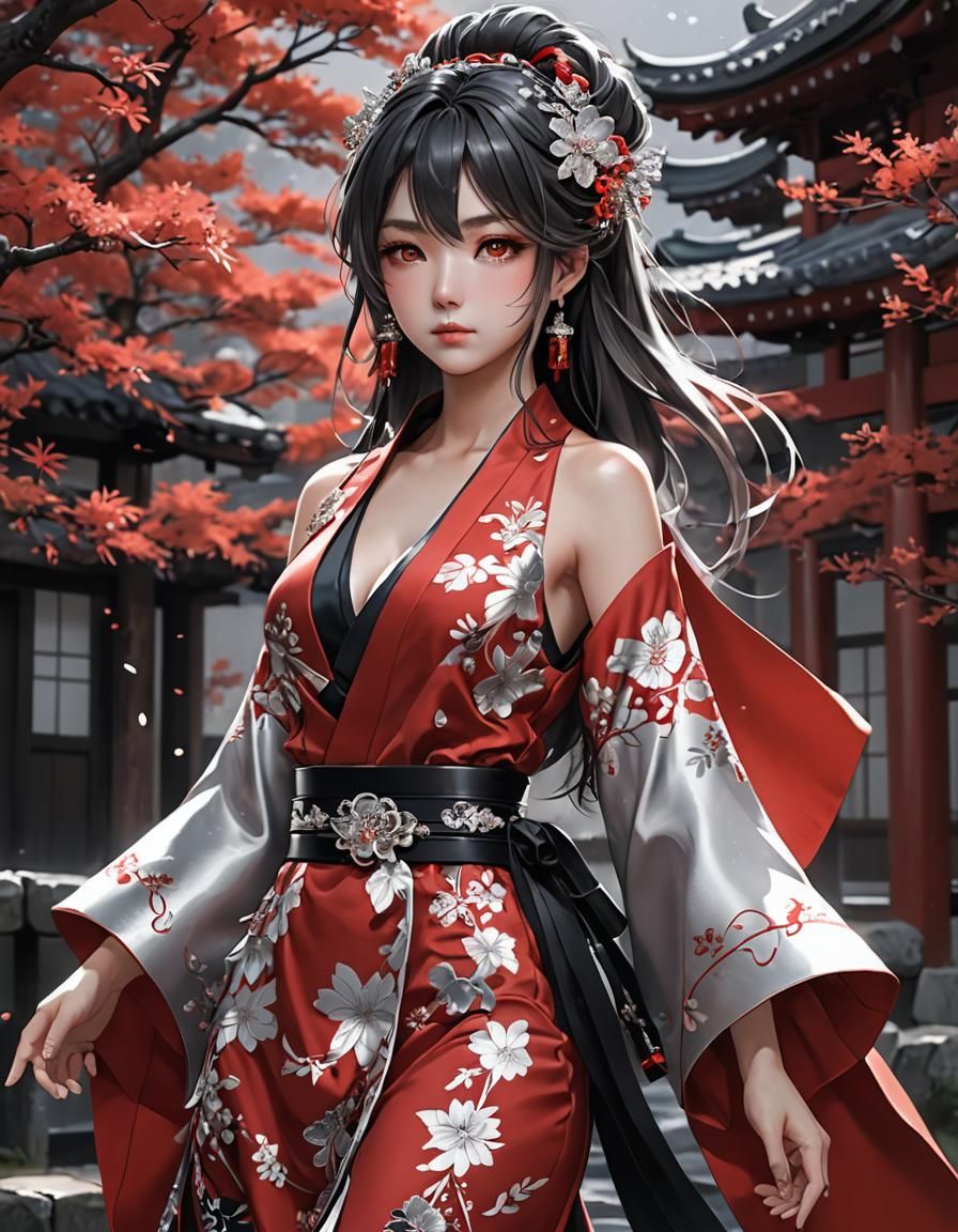 Red and Silver Kimono. The dress is a flowing ruffle dress with a gem-encrusted black halter style top, which is separat...