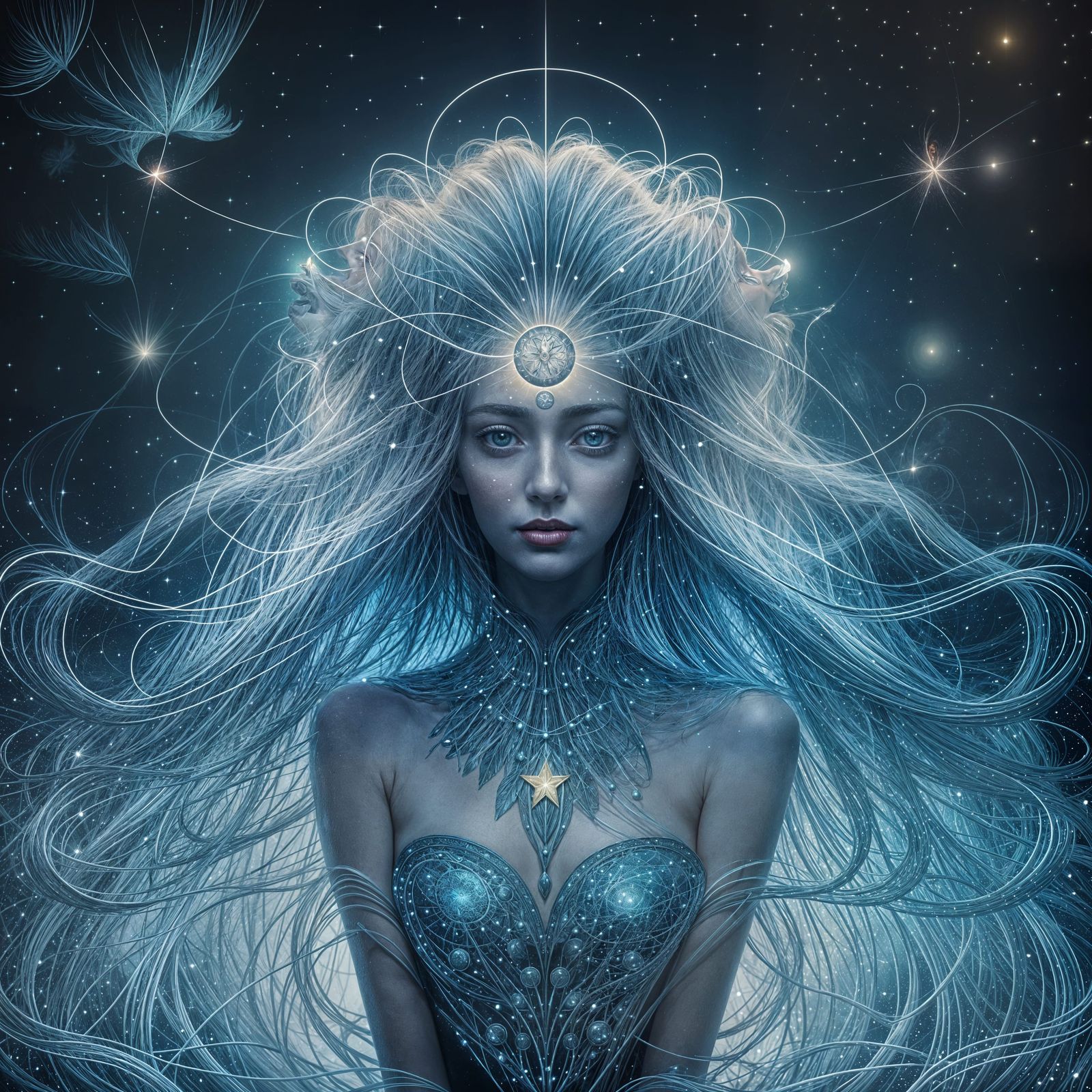 Woman with Starlit Hair by Mirrored Ocean, Dada Surrealism