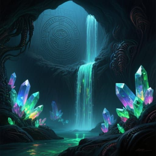 Bioluminescent Cybertron Cavern with Glowing Crystals