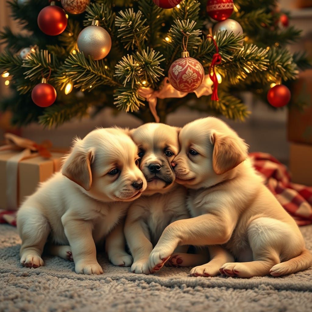 Cute Puppies Play Under the Christmas Tree in a Warm Home