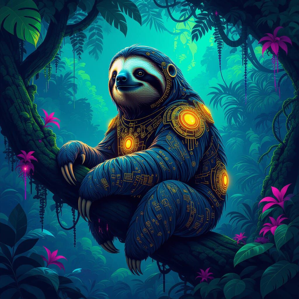 Afrofuturist Sloth in Bioluminescent Jungle