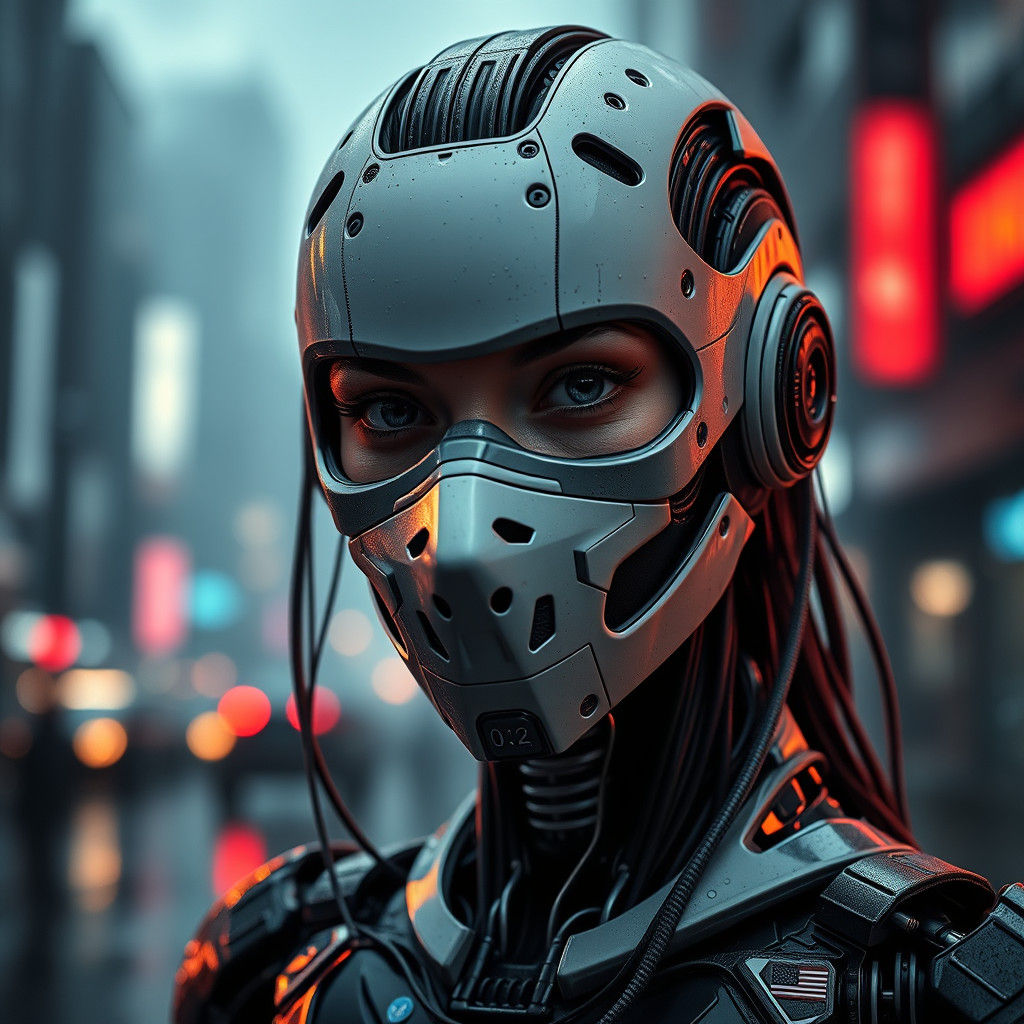 Female Murderbot in Grungy Dystopian Setting