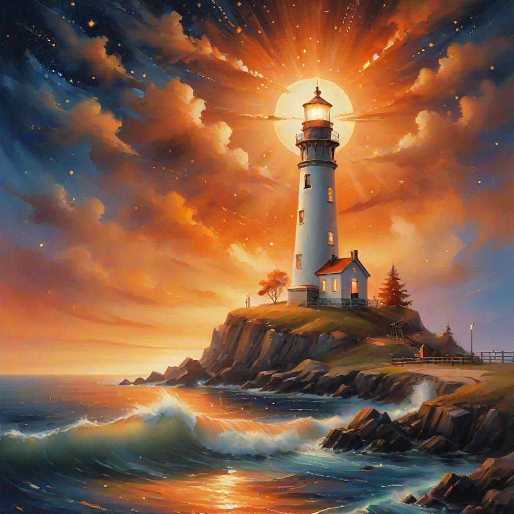 Majestic Lighthouse Under Orange Starry Sky