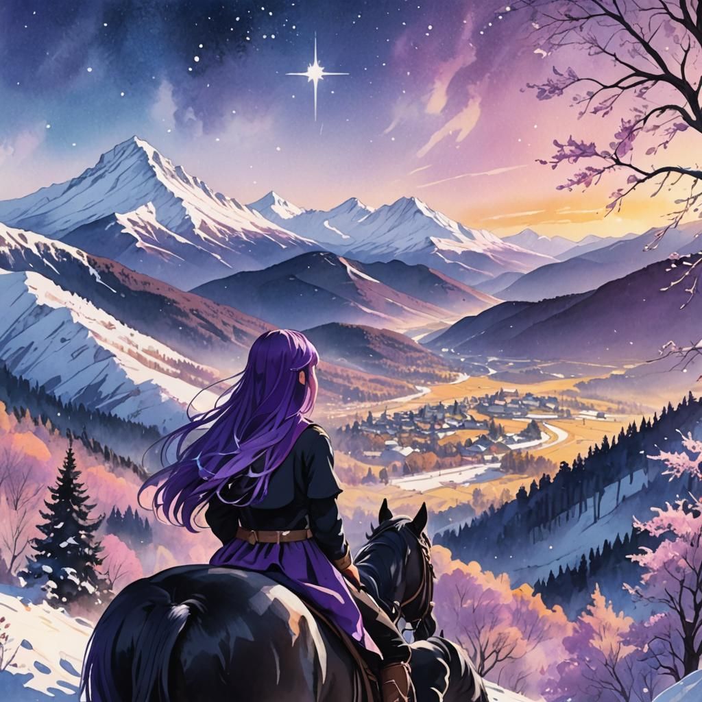 Girl on Horseback in Anime Watercolor Landscape