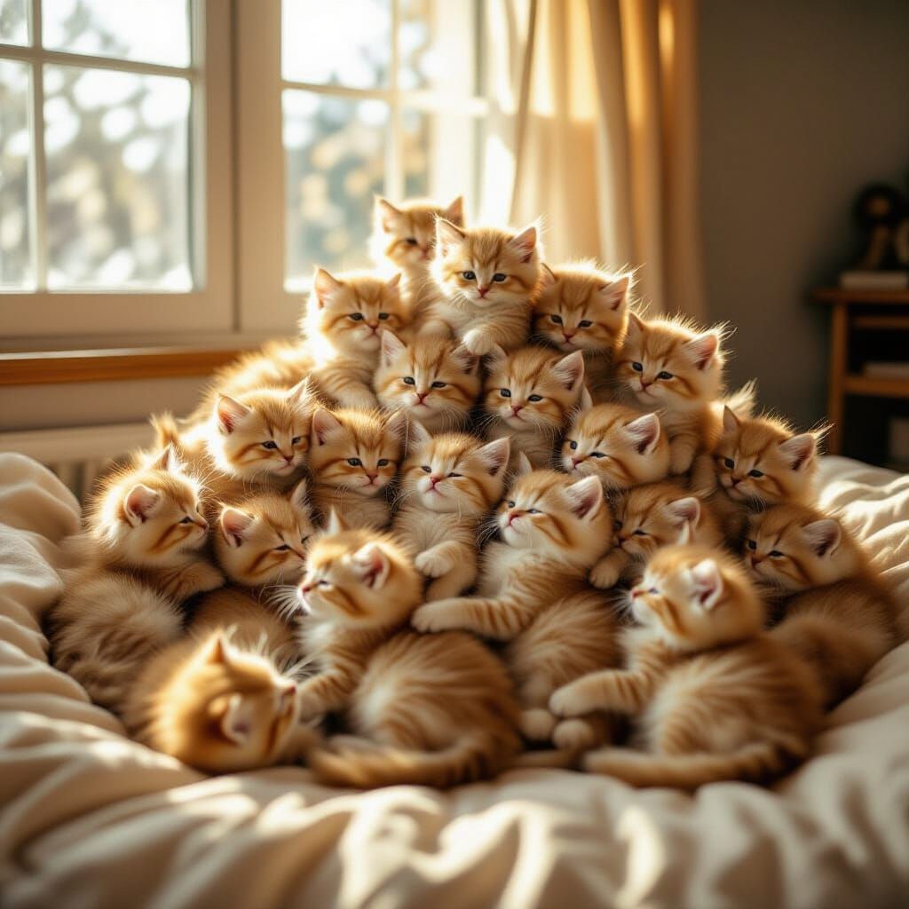 Fluffy Kittens Pile in Sunlit Room, Cinematic Film Still